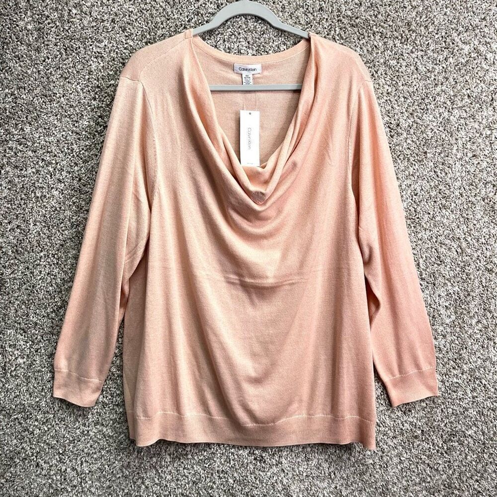 Calvin Klein Sweater Women’s 1X Light Blush Pink Long Sleeve Draped Neck Plus Si